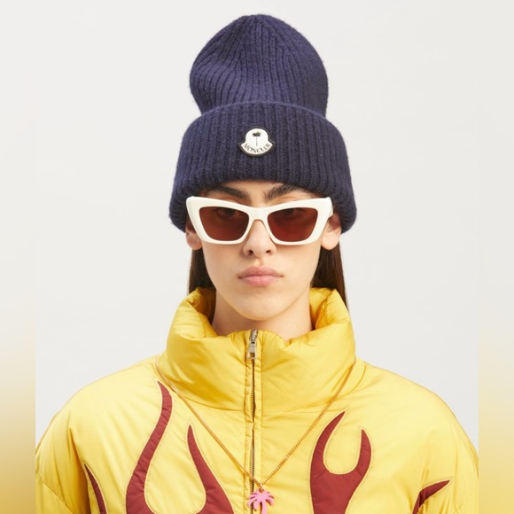 NWT UNISEX AUTHENTIC 8 MONCLER PALM ANGELS TRICOT BEANIE HAT NAVY BLUE COLLAB! - Picture 2 of 10